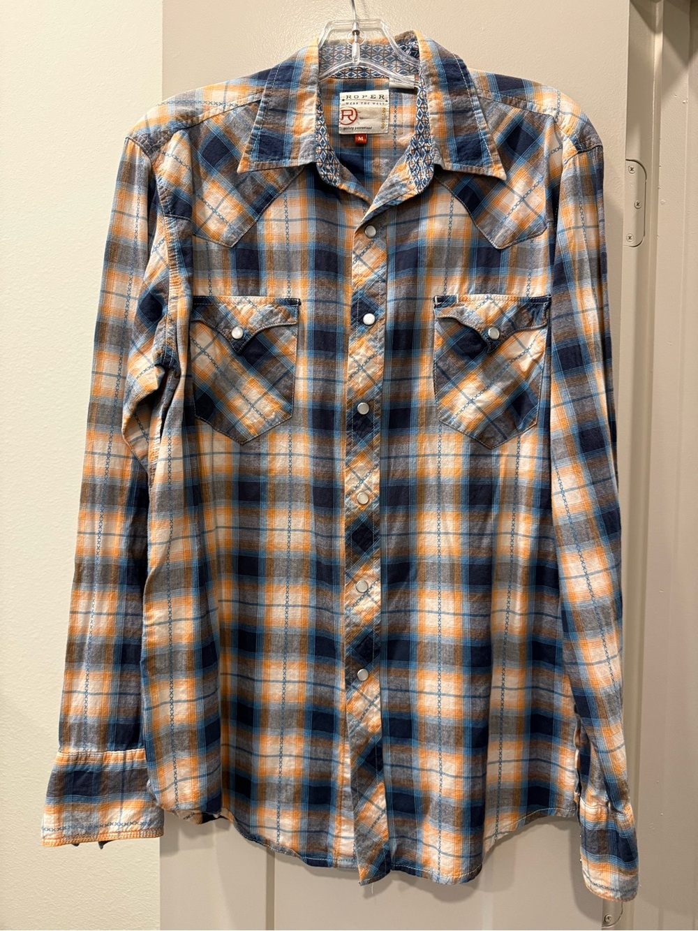 Roper Plaid Western Shirt - Blue, Orange & White